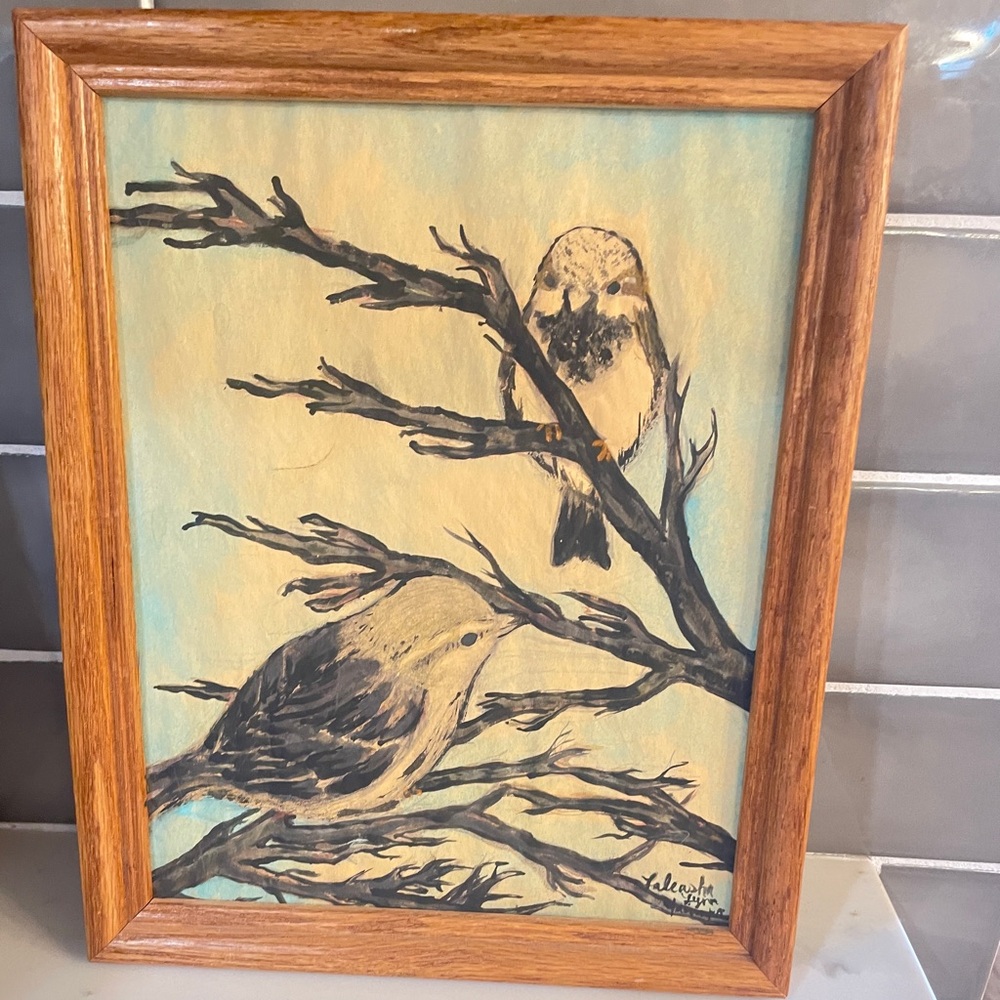 Cottagecore Watercolor and Marker Painting of Birds on Branches. 9x11
